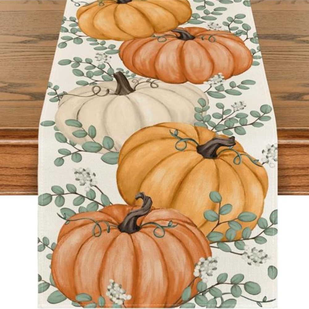 Pumpkin Table Runner Orange Cottage Farmhouse Thanksgiving Long Cloth Fall Decor - Picture 4 of 8
